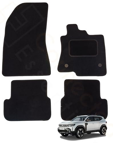 Tailored Car Mats for Dacia Duster 2024-On, Set of 4 Floor Mats, Black with Black Trim with 2 Safety Clips