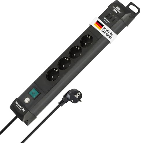 Brennenstuhl Premium-Line Steckdosenleiste 4-Fach mit 2X USB C PD 65W und USB A 18W (Made in Germany, Mehrfachsteckdose mit Schalter und 3m Kabel, Steckerleiste zur Wandmontage) schwarz