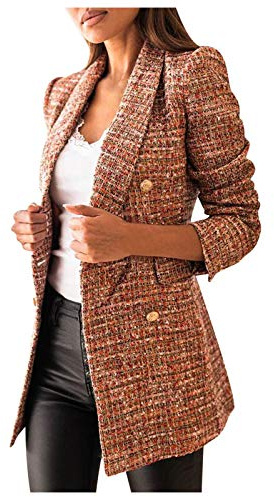 Generisch Blazer Blazer - Blazer de negocios a cuadros para mujer, con doble botonadura, otoño, invierno, tallas grandes, chaqueta de entretiempo, manga larga, cuello en V, sexy, minichaqueta,