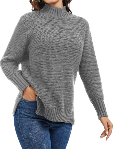 Rayson Jersey Mujer Invierno Grande Pullover Suéter con Cuello Redondo Manga Larga Casual Jersey de Punto con Abertura Lateral(Gris,S)