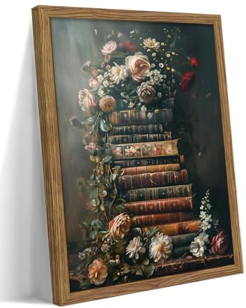 Vintage Framed Wall Art Flowers Books Canvas Prints, Dark Academia Wildflowers Oil Painting, Botanical Book Pictures Artwork for Living Room Bedroom Study – Dark Wooden Frame 12x16in