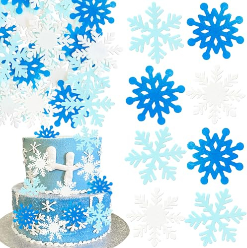 Ephlyn 60Pcs Edible Snowflake Cupcake Toppers Winter Cupcake Picks Water Paper Winter Frozen Cake Decorations for Snowflake Theme Baby Shower Kids Birthday Party Supplies Blue White