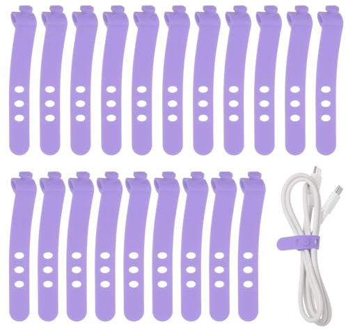 sourcing map 20Pcs Silicone Cable Ties, 3 Hole Reusable Rubber Cord Tie Adjustable Elastic Cord Wraps with Locking Buckle, Multi Purpose Cable Strap for Home Office Travel Wires, Dark Purple