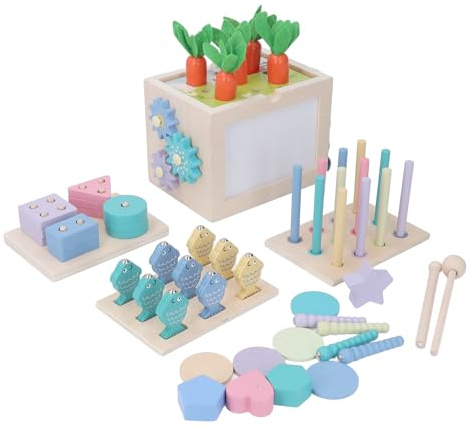 Qudinip Kit de Juego de Madera, Juguetes Montessori 5 en 1, Clasificación de Formas, Combinación de Colores, Juego de Pesca, Cosecha de Zanahorias, Tablero de Dibujo con Caja de