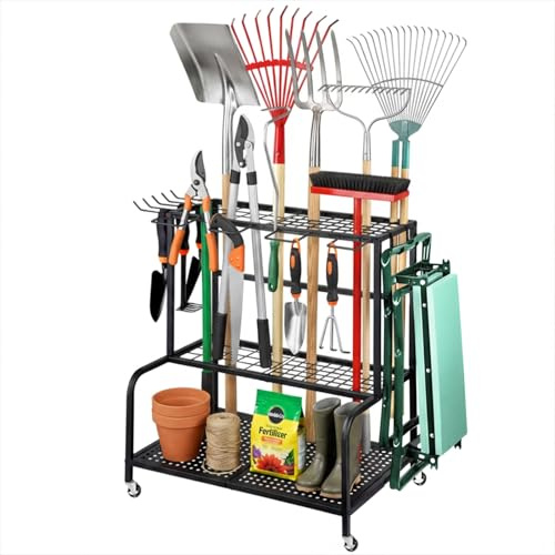 Gartengeräte Ständer 61×41×66cm Gerätehalter Organizer mit 78 Ablagefächern | 11 Haken und 360° Schwenkbaren Rädern, Gartengeräteaufbewahrungsregal, Metall Gartenwerkzeug Halter Schwarz