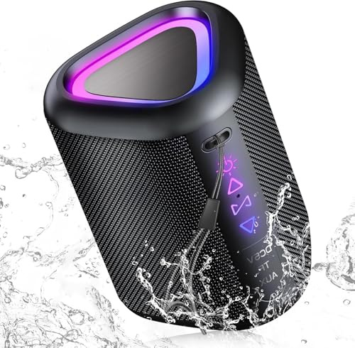 Altavoz Bluetooth Portátil Potente Inalámbrico con Luz LED, Bluetooth 5.4, 24 Horas, Graves Mejorados, 360° Sonido Estéreo, Impermeable IPX7, Speaker de Exterior para Viajes/Deportes/Fiestas/Ciclismo