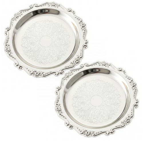 Hbbgdiy 2 Pack Silver Tray 7.9 Inch Decorative Metal Serving Tray Vintage Silver Platter for Coffee Table Snacks Fruit Dessert Home Decor Display Centerpiece