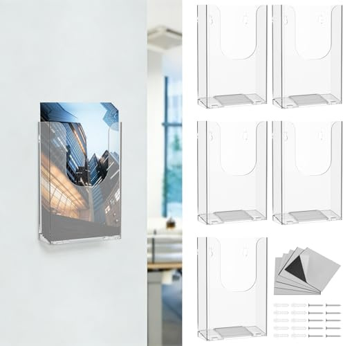 harupink 5 stycken broschyrstativ vägg utan borrning, flygstativ med 2 monteringsmetoder, transparent stabil broschyrhållare akryl flyghållare för DL Flyer och DIN A6-vykort (5 st)