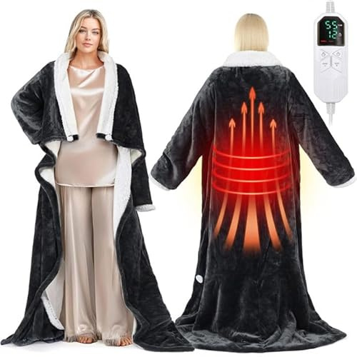 Coperta termica con maniche e sacco nanna – Coperta termica portatile con 6 livelli di temperatura (38-55°C), 127 x 178 cm flanella & Sherpa, timer 2-10 ore, coperta per TV per divano e letto, 50 x 70