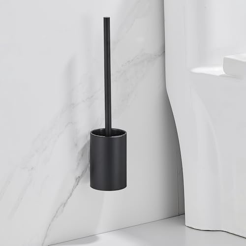 DUFU Brosse de Toilettes et Supports Murales - Balai pour Cuvette WC avec Manche en Acier Inoxydable, Support Adhésif Transparent, 2 Balayette Douces - Noir Mat