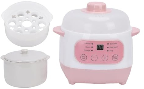 Asixxsix Marmite électrique 1 L, Mijoteuse électrique 200 W en Céramique avec Panier Vapeur, Cuiseur à Ragoût, Cuiseur à Soupe et Bouillie en Céramique, Protection contre les (Prise UE 220V)