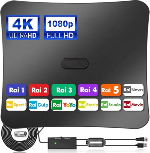 2026 Antenna TV Interna, Digitale Antenna per Smart TVs(DVB-T2), Supporta Ricezione Canali Gratuiti in 4K/1080P, con Amplificatore potente, Cavo Coassiale 5 m e Connettore Maschio Tipo F