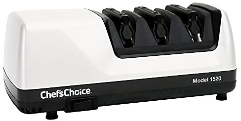 Chef’s Choice Professional Electric Knife Sharpeners for 15- and 20-Degree Straight-Edge and Serrated Knives with Diamond Abrasives & Precision Angle Control, 3-Stage, White
