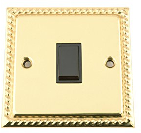 Light Switch 1 Gang - Polished Brass Georgian - Black Insert Plastic Switch - 10 Amp Single 1 Gang 2 Way