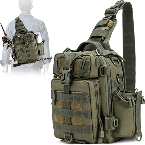 BLISSWILL Angelrucksack, große Angeltasche, für draußen, wasserabweisender Angelrucksack mit Rutenhalter, Schulterrucksack, armee-grün