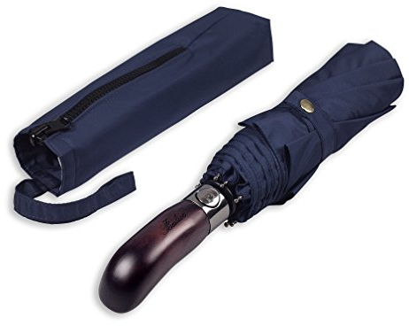 Balios Folding Umbrella Wood Handle Auto Open Close Vented Canopy Dark Navy