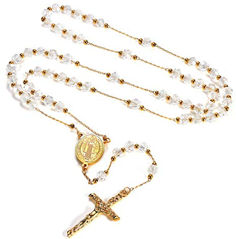 FaithHeart Rosenkranz Kette Damen Herren Kreuzkette Rosenkranzkette Edelstahl Halskette mit Benedikt von Nursia Medaille Gebetskette Lang Rosary Necklace Schutz Amulett Schmuck