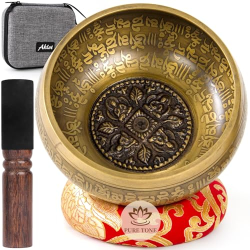 AKLOT HandMade Meditation Singing Bowl: Tibetan Sound Bowl Set with Pure Tone, Sound Bath Bowl with Cushion, Mallet, Carry Bag, Spiritual Gift for Chakra Clearing, Yoga, Prayer, Relaxation (5 Inch)