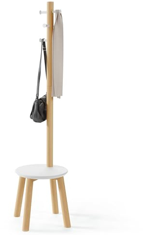Umbra Pillar Garderobenständer mit Hocker, 6 Haken, Weiss/Natur | Gummibaumholz und Metall, freistehend, platzsparend, für Flur oder Schlafzimmer, kompakte Abmessungen
