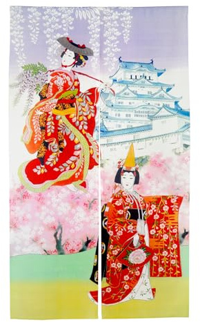 LIGICKY Japanische Gardinen Noren Lang Vorhänge Türvorhang Tapisseri für die Heimtextilien Raumteiler (Kyoto Kimonos Geisha Girls, Kirschblüten, Tempel 85 x 150 cm)