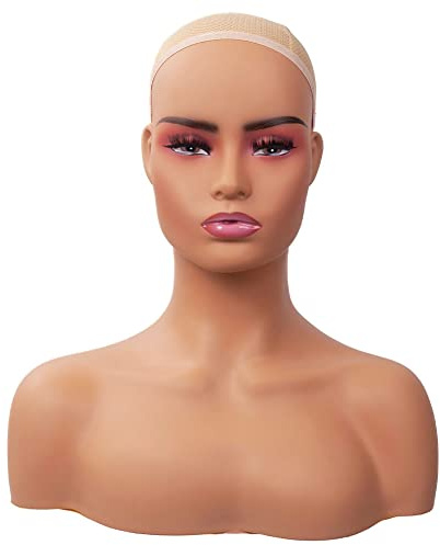 Realistic Female Mannequin Head Model with Shoulder Display Manikin Head Bust for Wigs,Makeup,Beauty Accessories Displaying P-DC487