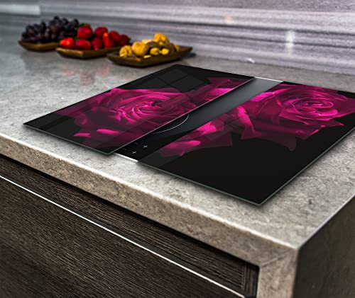 Lot de 2 couvercles de plaque de cuisson pour cuisinière électrique à induction, planche à découper, verre trempé, rose violette sur fond noir, verre VA Art (2 x largeur 30 x hauteur 52 /cm)