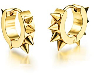 Goth Rivet Awl Spike Huggies Piercing Hoop Earrings for Men, Hoop Earrings Huggie Ear Piercings Jewelry, Stainless Steel Punk Stud Earrings Hypoallergenic (Gold)