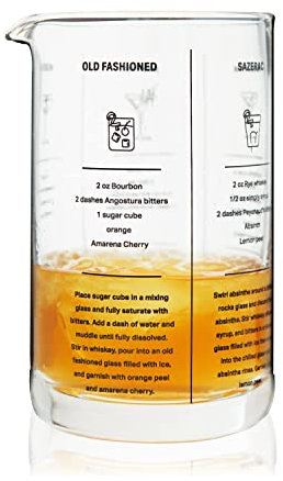 True Recipe Mixing Glass, Cocktail and Bar Tools with Thick Base, Pour Spout, and 5 Printed Recipes, 17 Oz