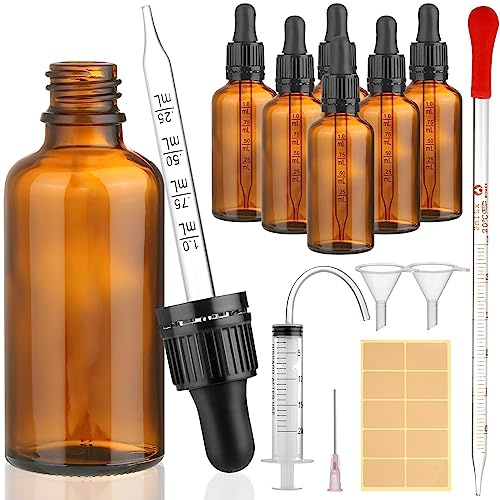modacraft 6Stk 50ml Pipettenflasche mit Hilfszubehör, Flasche mit Pipette Braunglasflasche Apothekerflasche Tropfflasche für Flüssigkeit, Ätherische Öl, Parfümöle, Aromatherapie, Flüssigfarbstoffen