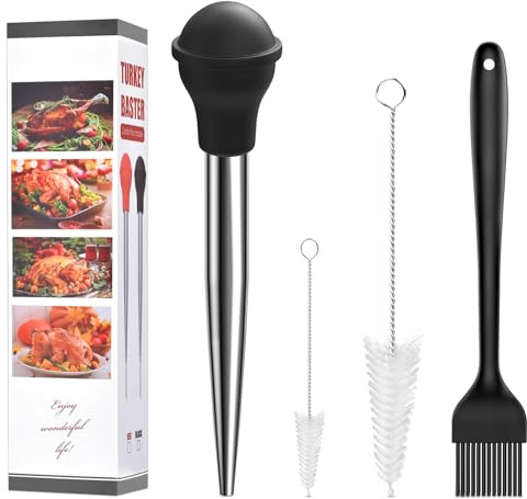 Turkey Baster Large, ARRITZ Stainless Steel Baster For Cooking with 1 Oil Brush, 2 Cleaning Brush, 2 Baster Tips, Black