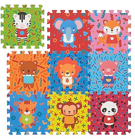 Relaxdays Tappeto Gioco Bambini, Tappetone Puzzle 9 Tasselli con Animali, Tappetino per Gattonare, Play Mat, Colorato