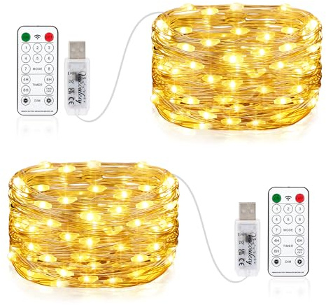 Vacoulery 2 x 100LEDs Lichterkette USB, 10M USB-Anschluss mit Fernbedienung 8 Programm Timer Kupferdraht Lichterkette Innen für Zimmer, Party, Hochzeit, Weihnachten
