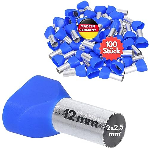 Kalitec 100x Terminali Isolati 2 x 2,5 mm² - Tubetti Terminali Blu 12 mm | Bocchettoni doppi gemelli in rame stagnato certificati UL, ideali per pinze crimpatrici, quadri elettrici e cablaggi AWG 14