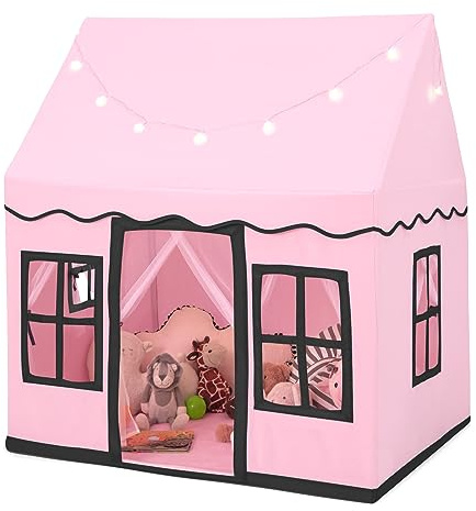 DREAMADE Spielzelt für Kinder mit Lichterkette und gepolsterter Matte, Tipi Zelt, Kinder Spielhaus mit Fenstern, Kinderzelt für Jungs und Mädchen, für Indoor und Outdoor (Rosa)