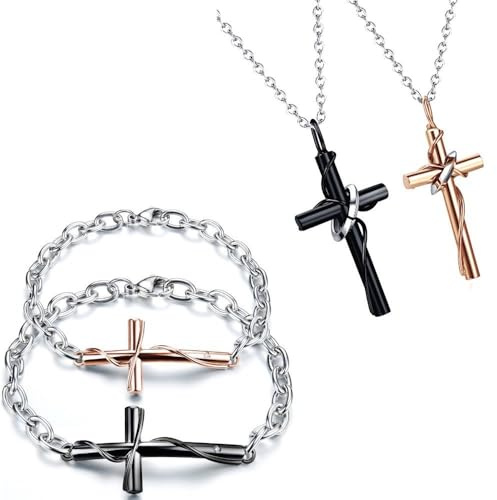 KIM JOHANSON® Edelstahl Pärchen Schmuckset Armband & Kette *Kreuz* in Silber | Paar Schmuck für Damen und Herren | Geschenk für Paare | Wasserfest | Gravur | BFF | Verstellbar inkl. Schmuckbeutel