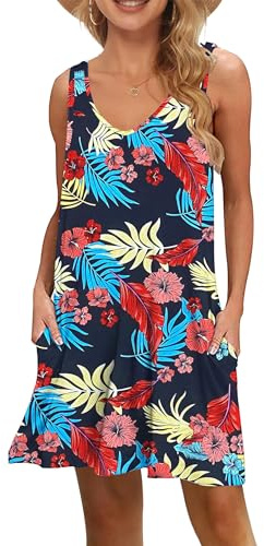 WNEEDU Dam sommar strandklänningar ledig ärmlös täckande v-ringad swing tank klänning med fickor, Marinblå blommiga blad, S