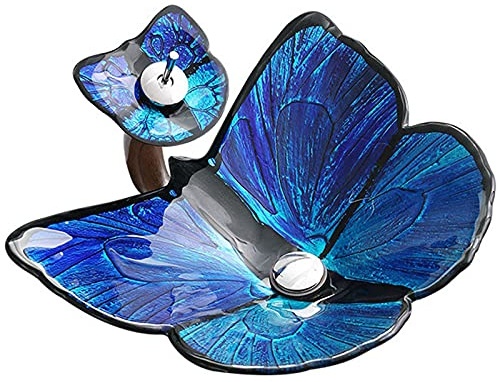 RESKIU Bathroom Vessel Sink Set, Butterfly-Shaped Personalized Tempered Glass Washbasin,Countertop Bathroom Basin with Waterfall Faucet,Blue-A