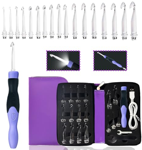 Yarniss Beleuchtetes Häkelnadel-Set, 17 Größen, 2,5 mm ~ 14,0 mm, wiederaufladbare Häkelnadel mit austauschbarem Häkelkopf