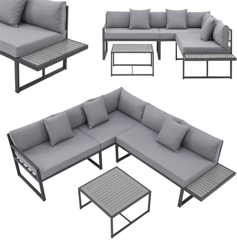 Juskys Gartenmöbel Lounge St. Tropez - 4 Personen Sitzecke - Set mit Tisch, Ecksofa & Kissen - Möbel für Balkon & Garten - Holz Balkonmöbel Grau