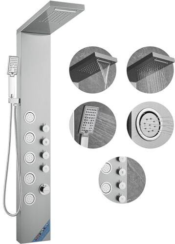 VEVOR Sistema Pannello Doccia, 4 Modalità Doccia Pannello Doccia Torre, Pioggia, Cascata, 5 Getti Massaggianti per Tutto il Corpo e Soffione Doccia a Mano a 3 Impostazioni con Tubo da 59