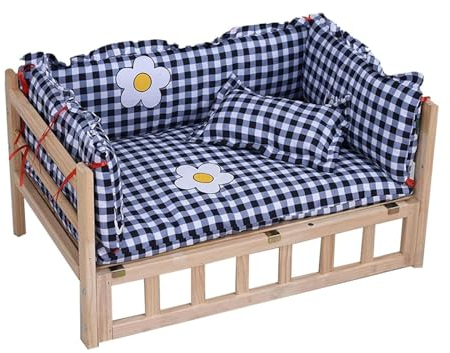 HXYAFYAQ Haustierbett aus Holz, erhöhter, abnehmbarer Holzrahmen, Haustierbett, Katzensofa mit waschbarer Matratze, geeignet für alle Jahreszeiten
