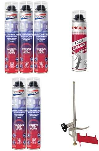 Mousse Expansive Pistolable 750 ml | Montage, Isolation et Calfeutrage, Lot 5 Mousses + 1 Pistolet + 1 Nettoyant