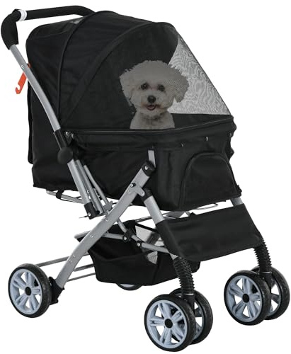 PawHut Kinderwagen, faltbar, für Hunde und Katzen, Korb und Aufbewahrungstasche, Sicherheitsgurte, verstellbare Hülle, Oxford-Stahl, Schwarz