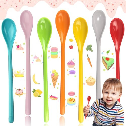 Brateuanoii 7 Stück Melamin Löffel Set, Bunte Kunststofflöffel, Lange Eierlöffel, Plastiklöffel Lange Löffel, Plastik Löffel für Kaffee Getränke Eier Eis Joghurt, 19cm (7 Farben)