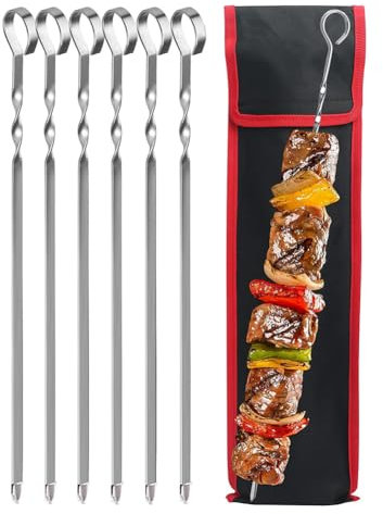 Fiorky 6 spiedini per kebab in acciaio inox, con manico lungo, piatti per griglia, shish kebab, spiedini in metallo, per barbecue all'aperto, feste in famiglia, shish kabob