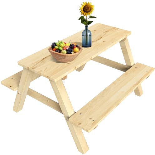 Puecrof Outdoor Kindersitzgarnitur aus Massivholz, Picknicktisch mit 2 Bänken, Robuste Gartensitzgruppe für Kinder, Sitzgruppe Naturholz für Draußen, Spieltisch für Kinder