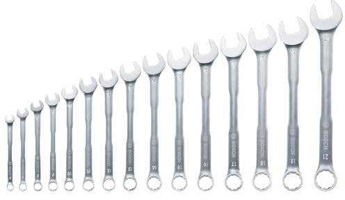Bosch Combination Wrench Set 15-Piece (Robust Spanner Set for Universal Use; Chrome Vanadium; High Torque; Ring- and Open-Ended; Metric 6-21mm; Ergonomic Deisgn; Practical Storage)