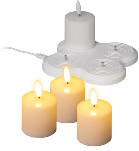 LED Kerze warm weiß aufladbar mit Ladestation 4er Set - 5 x 5 cm - Künstliche Stumpenkerze mit Flackereffekt Akku betrieben - Deko Licht für Weihnachten Advent Hochzeit Geburtstag Kerze flammenlos