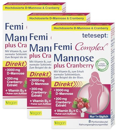tetesept Femi Complex® Mannose plus Cranberry - Zum Erhalt normaler Schleimhäute dank Vitamin B3 - Pulver mit 2000 mg D Mannose- 3 x 8 Portionsbeutel