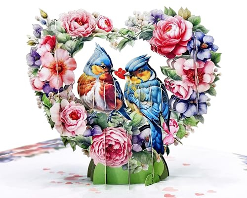 CUTPOPUP Blumen Herz mit Blue Jay Paar - 3D Karte Liebe, Hochzeitskarte, Valentinskarte, Karte Hochzeitstag, Geburtstagskarte Frau für Ehemann, Ehefrau, Sie, Ihn, Paar (BlueJay Couple) US8LO179DE